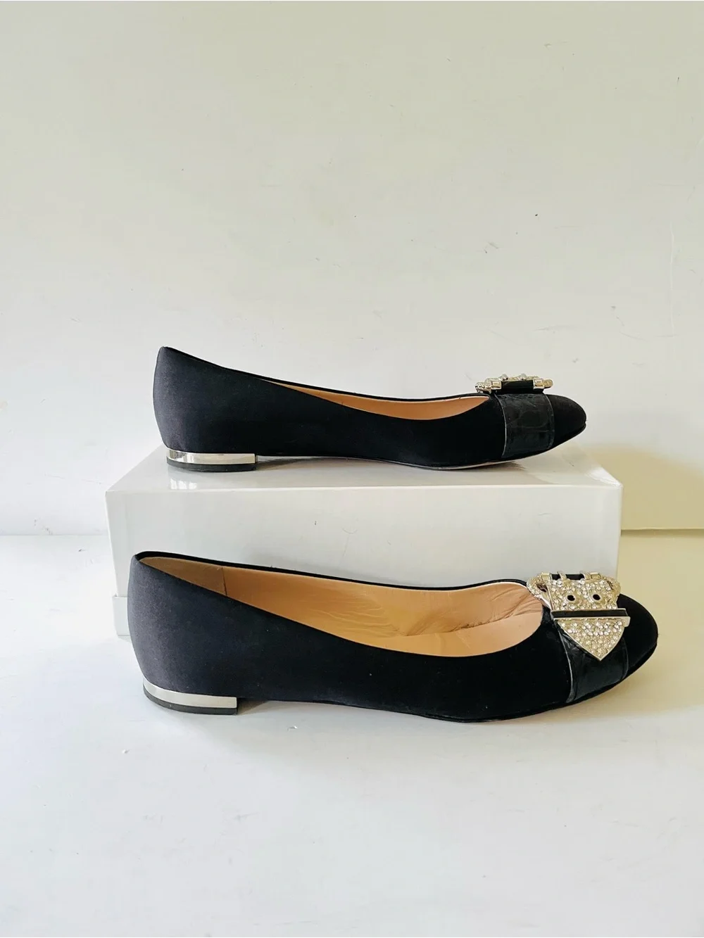 Guiseppe Zanotti black satin flats with pave embellishment 38